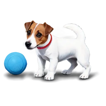 a small dog standing next to a blue ball