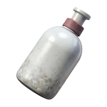 a white bottle with brown spots on it