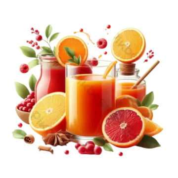 a glass of orange juice surrounded by various fruits and spices