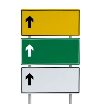 three street signs with arrows pointing in different directions