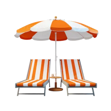 an orange and white beach chair with an umbrella