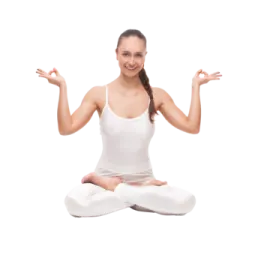 a woman sitting in the middle of a yoga pose