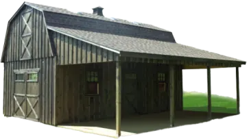 a large wooden barn with a covered roof