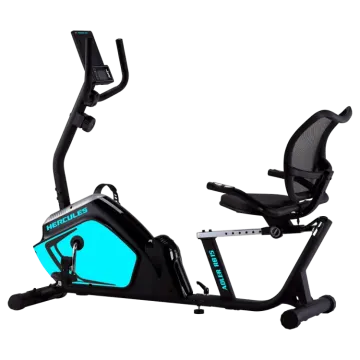 a blue and black exercise bike on a white background