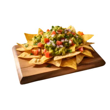 a wooden tray topped with chips and gui