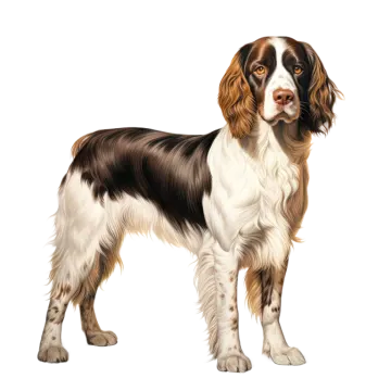 a brown and white dog standing on a white background