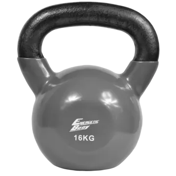 an exercise kettle with a black handle
