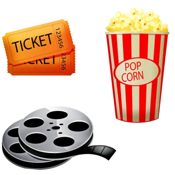 a popcorn, a movie ticket and a bowl of popcorn
