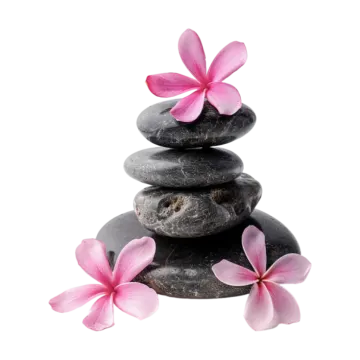 a pile of black stones with pink flowers on top