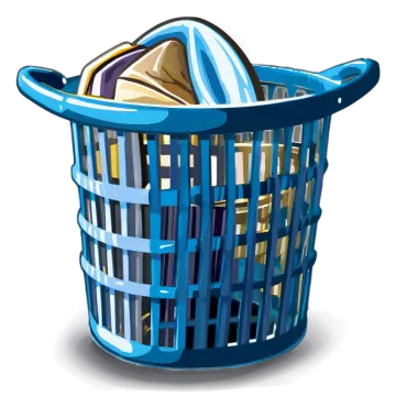 a blue basket filled with clothes