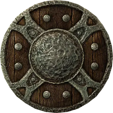 a wooden shield with metal decorations on it