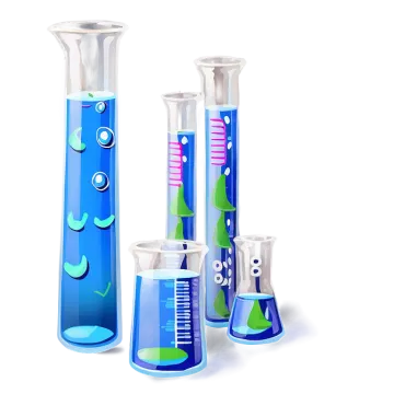 a set of three glass beaks with different colored liquids