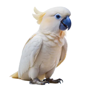 a white parrot with blue eyes sitting on the ground