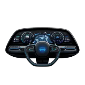 the interior of a car with blue lights