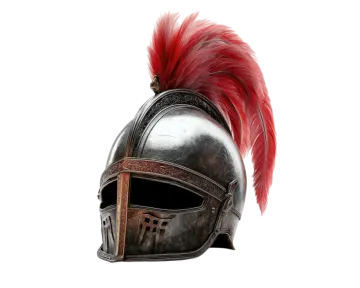 a helmet with red feathers on it
