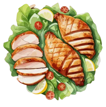 a plate of grilled chicken and salad