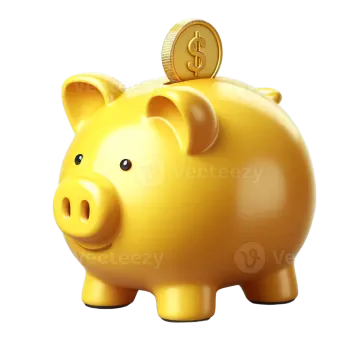 a gold piggy with a dollar coin on top