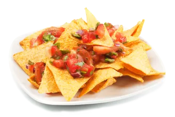 a plate of chips with tomatoes and salsa
