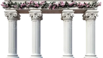 three white columns with pink flowers on them