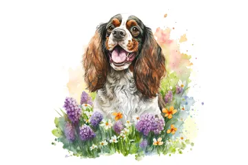 a watercolor painting of a dog with flowers