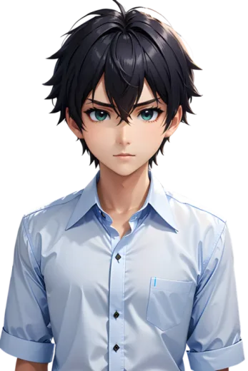 a man in a blue shirt and black hair
