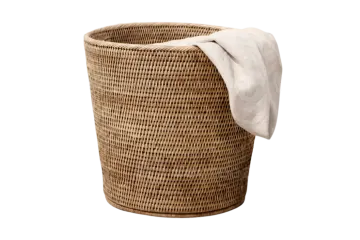 a wicker basket with a towel on top