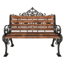 a wooden bench with metal legs and arms