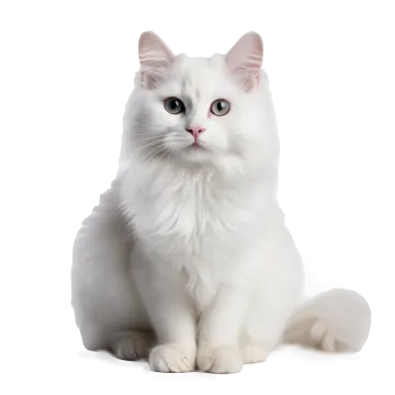 a white cat sitting down looking at the camera