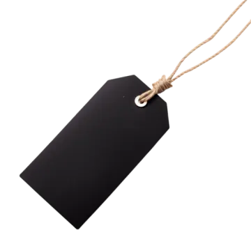 a black tag hanging on a rope