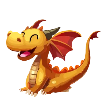 a cartoon yellow dragon with red wings, sitting and smiling