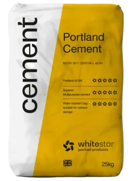 a bag of white cement with yellow and black stripes
