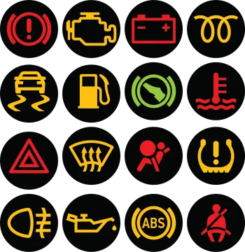 a set of yellow and red icons on black background