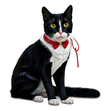 a black and white cat with a red bow