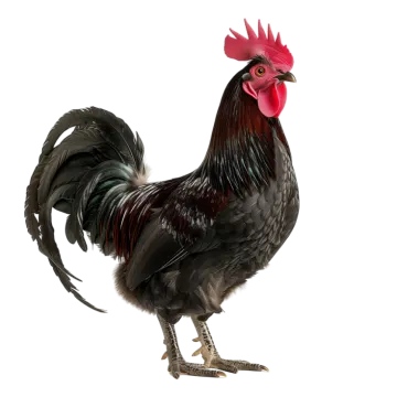 a black and red rooster on a white background