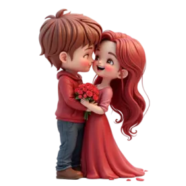 a couple kissing and holding flowers
