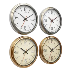 a set of three clocks on a white background