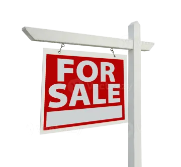 a red and white for sale sign on a white background