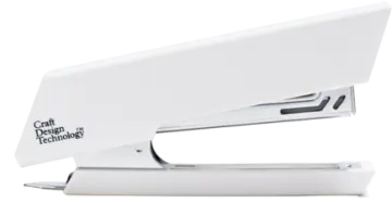 a white business card holder with a logo on it