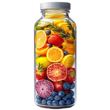 a glass jar filled with fruit and vegetables