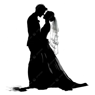 a silhouette of a bride and groom kissing