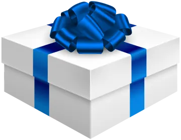 a white gift box with blue ribbon and bow