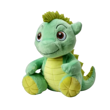 a green and yellow stuffed dragon sitting on the ground