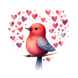 a red bird sitting on a branch with hearts in the background