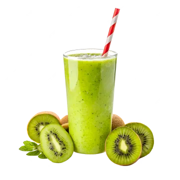 a glass filled with green smoothie next to sliced kis