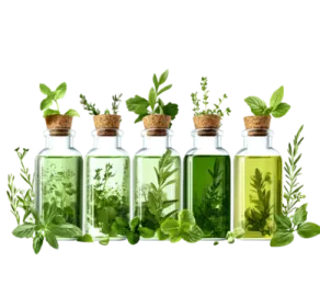 three bottles filled with different types of herbs