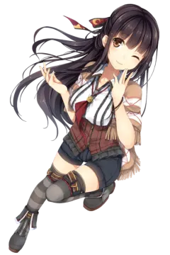 a girl with long black hair, wearing a school uniform and holding her hand up in the air