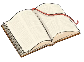 an open book with a red ribbon