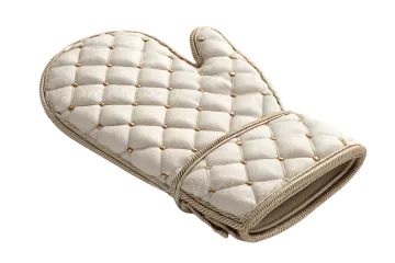 a white oven mit with gold buttons on it