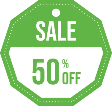 a green sale tag with the word sale 50 % off