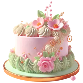 a pink and green cake with flowers on top